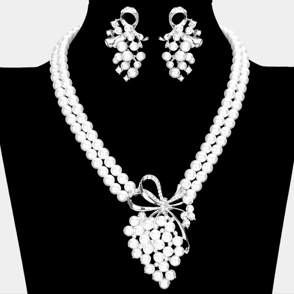 Grape Silver White Pearl Cluster Pendant Earrings Crystal Layered Necklace Set
